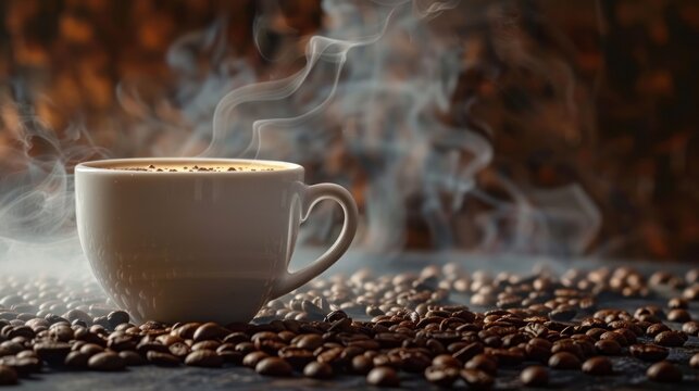 Hot coffee drink on cup with smoke around roasted coffee beans. AI generated image