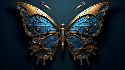 3D render of a beautiful butterfly with gears on a dark background - obrazy, fototapety, plakaty