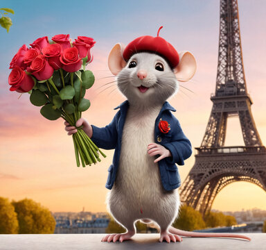 Cartoon rat with a bouquet of red roses in his paws on the street of Paris against the background of the Eiffel Tower