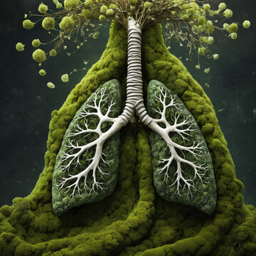 Anatomy of the lungs in moss, grass and flowers. Light breathing in greenery and plants. The benefits of trees and plants for the lungs