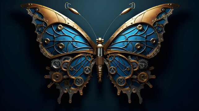 3D render of a beautiful butterfly with gears on a dark background