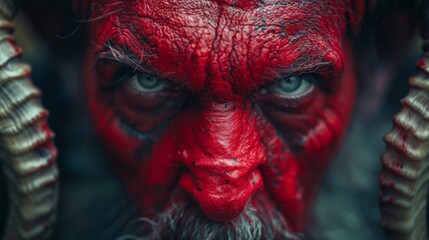 Close Up of Man With Red Makeup and Horns - obrazy, fototapety, plakaty
