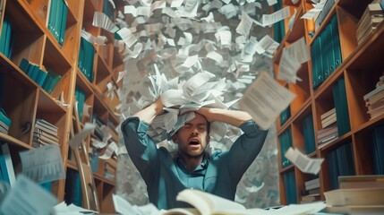 Person in the office appears desperate, holding their head while piles of documents clutter the desk, with papers flying around the room. The concept depicts overload and excessive work. - obrazy, fototapety, plakaty