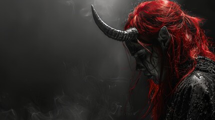 Woman With Red Hair and Horns in Dark Room