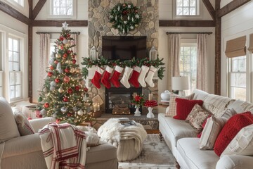 A family room filled with furniture and a Christmas tree. Stockings hang from the mantel in this cozy holiday setting