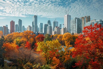 A wide-angle view of a city skyline with tall buildings towering in the background, contrasted by trees showcasing autumn foliage in the foreground