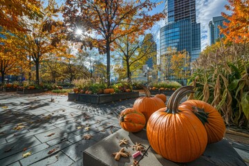 Two pumpkins placed on a wooden bench in a city square adorned with autumn decorations