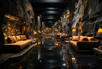 Luxurious Hotel Lobby Interior with Elegant Rock Walls - 770947499
