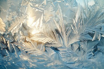 Close-up view of frost patterns on a frosted glass window, with sunlight filtering through, highlighting intricate details