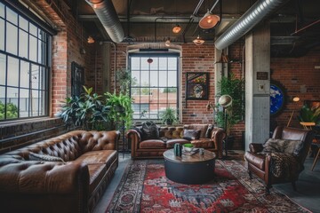 A contemporary loft or urban apartment filled with furniture, exposed brick walls, and multiple...