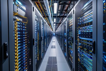 Wideangle view of a data center filled with rows of servers and networking equipment, illustrating the scale and technology involved - obrazy, fototapety, plakaty
