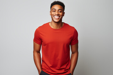 Studio portrait of smiling young black man with red t-shirt and grey background.