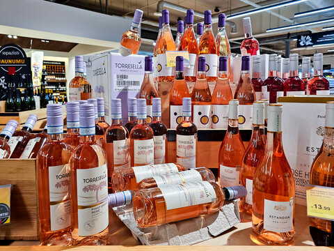 LATVIA, RIGA, MARCH, 25, 2024: Promotional display with Torresella pinot grigio pink wine  in the shopping mall in Riga, Latvia. The wine has an elegant fruity aroma, rich in berry and candy nuances.