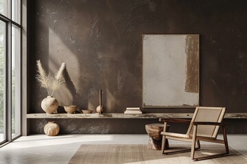 Modern interior design, dark brown wall with light gray and bronze accents.  Stylish wooden shelf for decorative objects