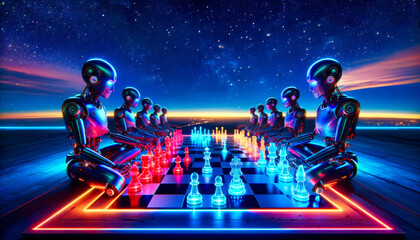 Robots engage in a chess match under a starry sky, a strategic game on a neon-lit board by the ocean.