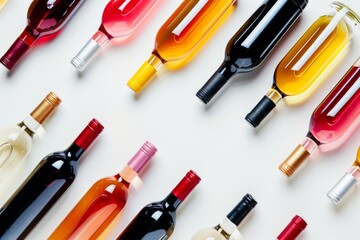 Colorful wine bottles of various colors and shapes on white background Generative AI - obrazy, fototapety, plakaty