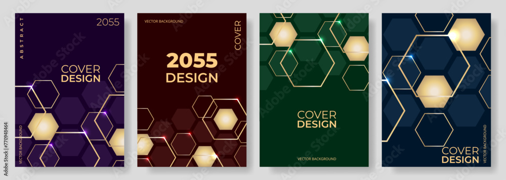 Poster colorful hexagonal abstract poster background vector set. gold 3d hexagon style cover template for s