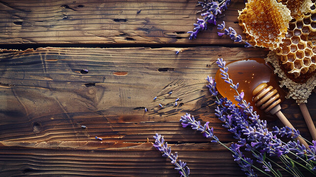 Promotional photo with empty copy space- honey in honeycombs and lavender on a wooden table close up, with empty copy space