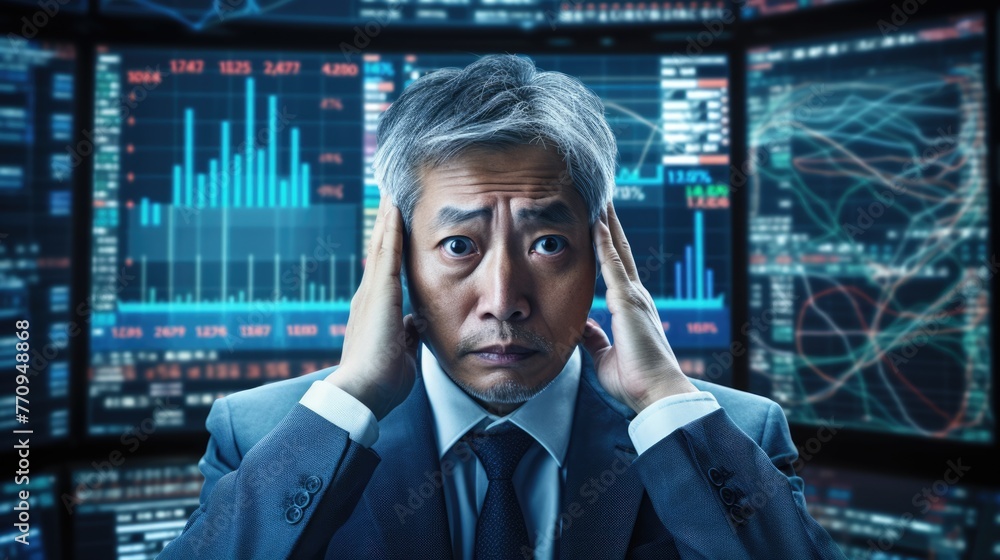 Poster tech analyst study cyber data chart from corporate system for statistical analytic defining marketin