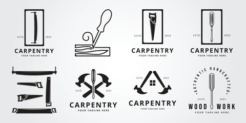 set bundle carpentry silhouette symbol icon vector. Woodworking retro vintage logo vector illustration design - obrazy, fototapety, plakaty
