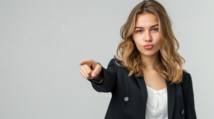 Portrait Successful businesswoman pointing finger on white background. AI generated image