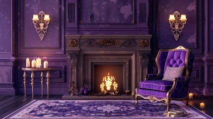 Classic purple interior with armchair, fireplace, candle, coffee table, floor lamp carpet