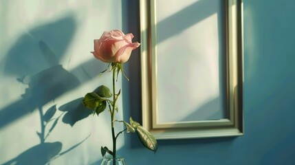 Beautiful pink rose in vase with empty frame mock up background. AI generated image - obrazy, fototapety, plakaty