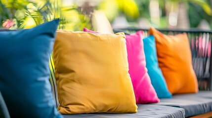 colorful soft pillows cushion arrange on nature material dining chair with blur patio area background interior design concept
