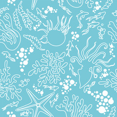 Seamless linear monochrome children's laconic marine pattern vector set with tropical fish, coral, jellyfish, seaweed, starfish, bubbles and octopus on turquoise background