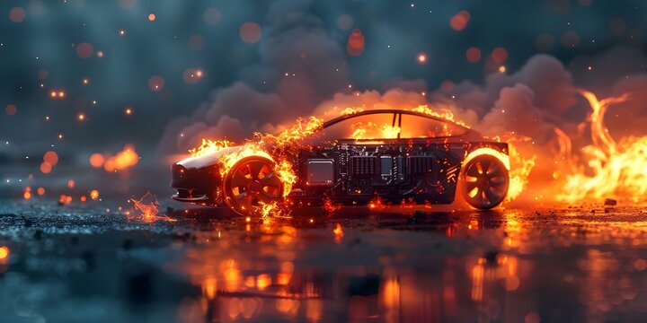 Stock image of an electric car lithium battery fire due to thermal runaway from damage or overcharging. Concept Electric Car, Lithium Battery, Fire Hazard, Thermal Runaway, Overcharging Damage