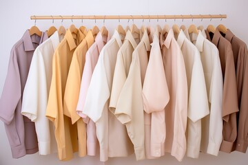 Assorted pastel-colored shirts hanging on hangers against white wall in fashion display