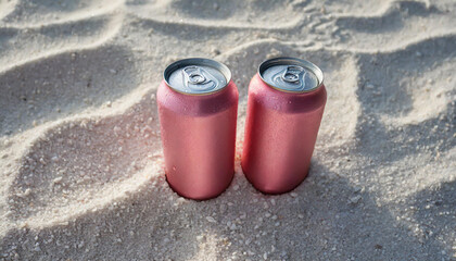 2 pink aluminum can with condensation drops on clear white sand at beach. Beer or soda drink package. - obrazy, fototapety, plakaty