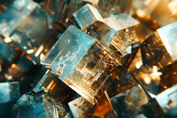 Close-up of pyrite crystals showcasing their natural cubic structure and metallic luster. - obrazy, fototapety, plakaty