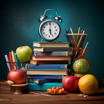 Back to school concept with stack of books. alarm clock and school supplies