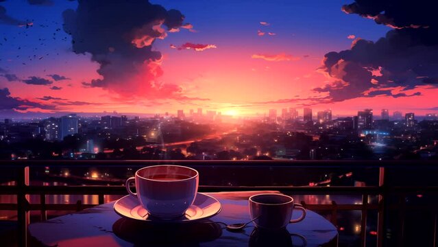 A cup of hot coffee on the rooftop with view of the twilight sky. seamless looping 4k time-lapse animation video background