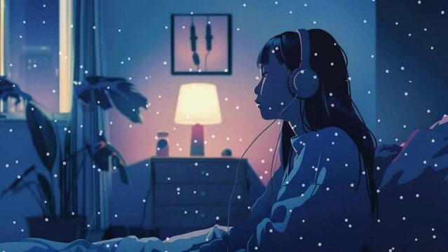 hand-drawn illustration girl listening to music with headphones in her bedroom at night. Anime art style. Loop animation. lofi music background.