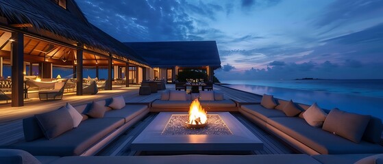 Modern luxury villa. Cozy outdoor seating patio area with large square fire pit and swimming pool giving access to beach area with palm trees on the Maldives island - obrazy, fototapety, plakaty