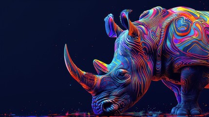 Abstract 3d colorful hologram rhino animal drawing in dark background. AI generated