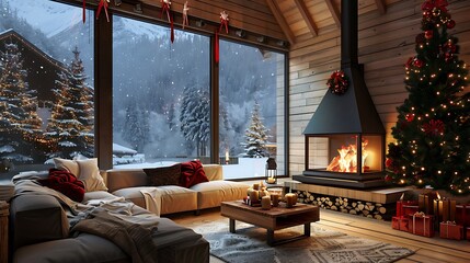 Cozy chalet living room with fireplace and christmas decoration