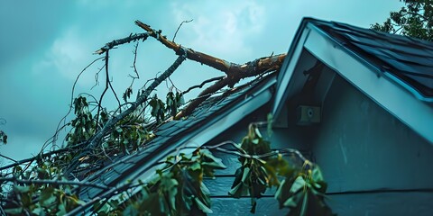 Roof of a house damaged by fallen tree during hurricane. Concept Insurance Claim, Property Damage, Hurricane aftermath, Rooftop Emergency, Storm Cleanup - obrazy, fototapety, plakaty