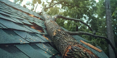 A fallen tree from a hurricane has damaged the roof of a house during a storm. Concept Natural Disaster, Home Damage, Fallen Tree, Hurricane Impact, Roof Repair - obrazy, fototapety, plakaty