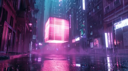 Digital futuristic 3d volumetric glowing cube in the city street with neon background. AI generated