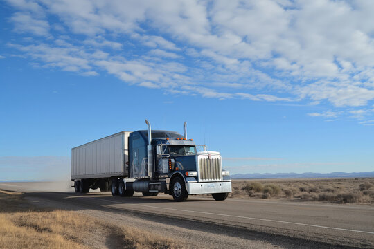 Semi truck drives on a highway with a clear blue sky in a desert setting