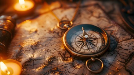 Vintage Explorer's Haven: An Intimate Glimpse of a Timeworn Compass on a Crinkled Map Under Candlelight - obrazy, fototapety, plakaty