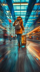 Travel Excitement: Suitcase in Motion Through Vibrant Airport Terminal - obrazy, fototapety, plakaty
