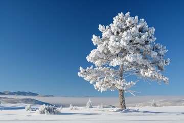 A snow covered tree stands in the center of a vast snowy field, A lone pine tree covered in snow under the clear winter sky, AI Generated