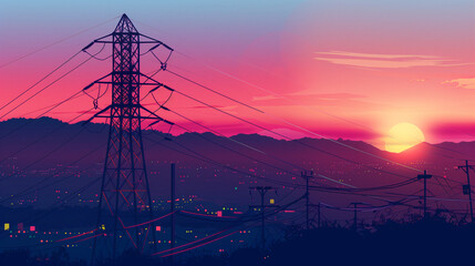 The silhouette of high-voltage towers of power lines against the background of blue mountains and a crimson sunset