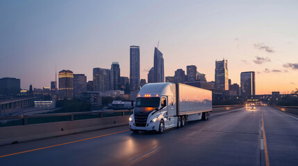 Naklejka premium 18-wheeler truck drives on an empty highway towards a city skyline during twilight hours