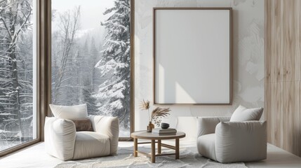Modern interior with wooden frame mockup on the wall and winter landscape outside the window