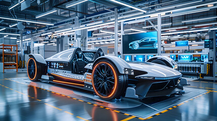 Obraz premium Electric Car Prototypes Under Development in a State-of-the-Art Factory Lab